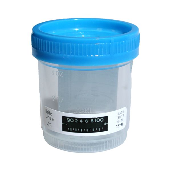 Andwin Scientific Specimen Cups, 3oz (90mL), Plastic, Transparent, Temperature Strip, Blue Screw Cap, Sterile (300/Case)