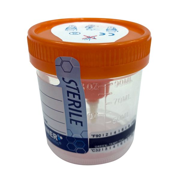 Tanner Scientific? Specimen Cups, 3oz, Temperature Strip, Orange Vac Lid, Sterile