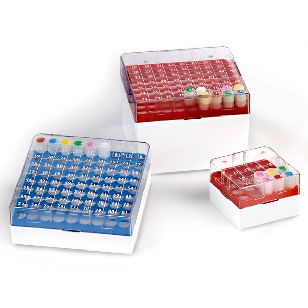 Globe Scientific 25-Place BioBOX for 1mL & 2mL CryoClear Vials, Polycarbonate, Printed Lid, Red (8/Box)