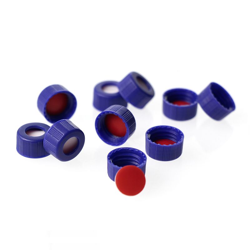 Mercedes Scientific Blue 9-425 Open Top Ribbed Screw Caps with 9mm Red PTFE/White Silicone Septa, 1mm Thick (100/Pack)